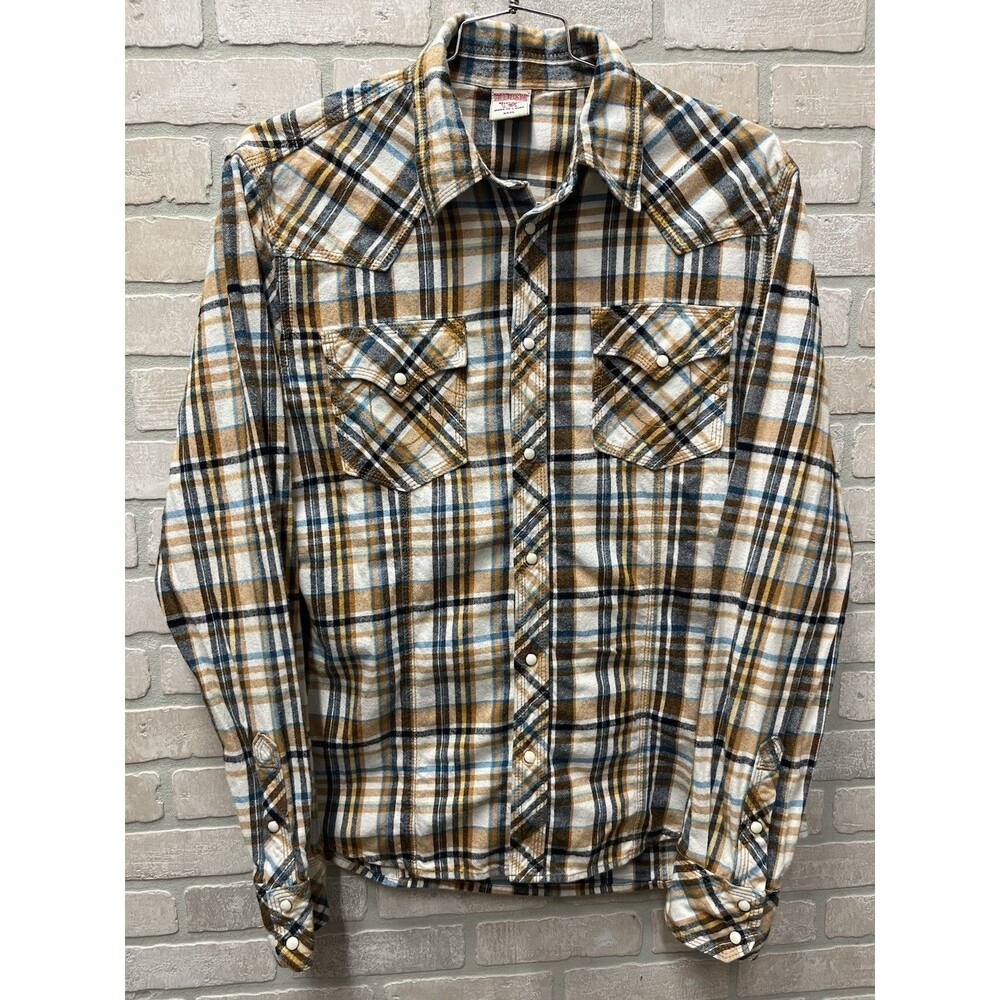 Vintage Vibe True Religion Brown Plaid Flannel Western Men Shirt pearl snap XXL